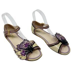 Prada Floral Appliqué Sandals Patent Leather Ankle Strap 37 Y2K Vintage